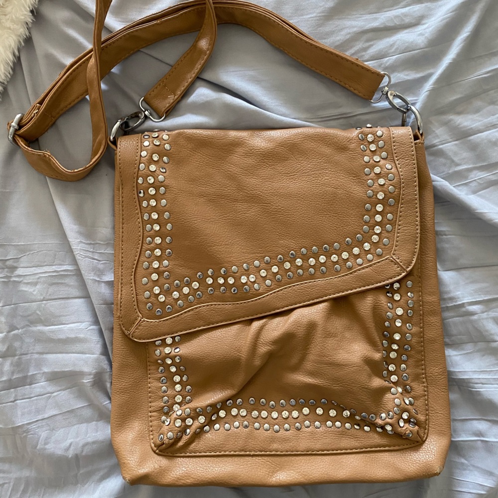 Jeweled Stone Tan Leather Shoulder Crossover Purse